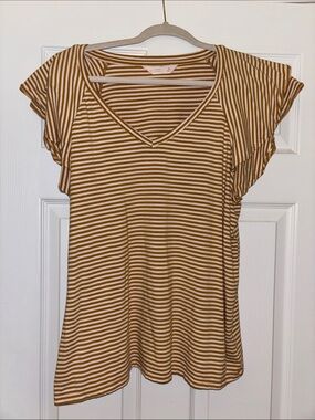 Lauren Conrad Striped V-Neck Flutter Sleeve Top in Mustard and White -XL